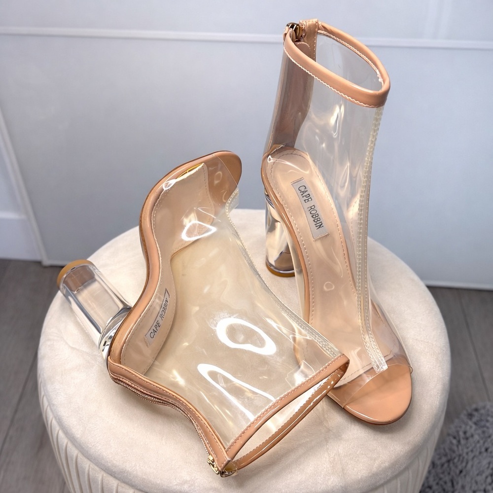 🍒 CAPE ROBBIN Nude ‘Glass’ Y2K Slipper Style Clear Lucite Heel Spring Booties